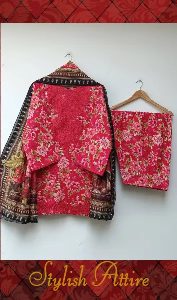Original Pakistani Textured Lawn with Farshi Salwar. Brand: Sahiba's By Mirza _ Magenta Red  